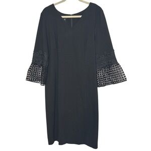 Talbots NWT Black V-Neck Ponte Zip Sheath Dress Crochet Lace Bell Sleeve 16